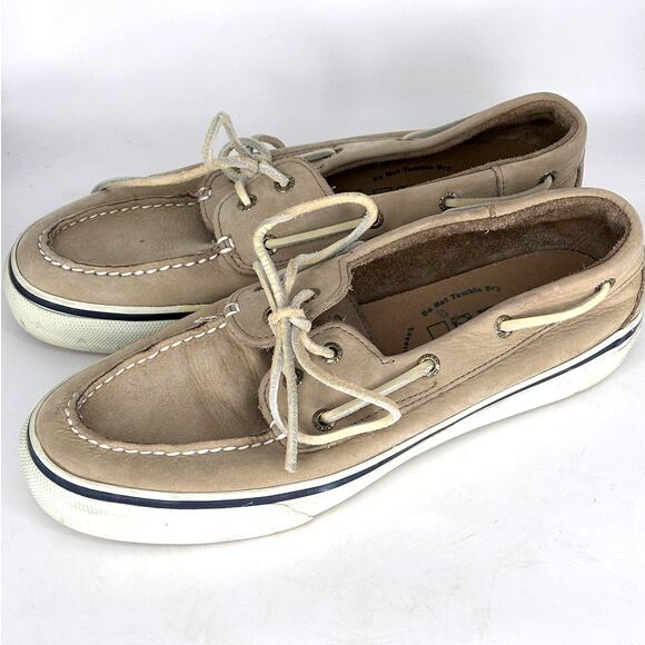 Sperry Top Sider Mens 9.5 M Light Tan Leather Navy Trim Boat Shoe Non Slip - Picture 2 of 8